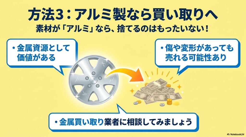 アルミ製のホイールカバーは金属資源として価値があるため、買い取り業者への相談を推奨する内容。