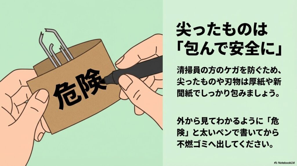 尖った危険なゴミを厚紙で包み、太いペンで危険と書いて捨てる手順