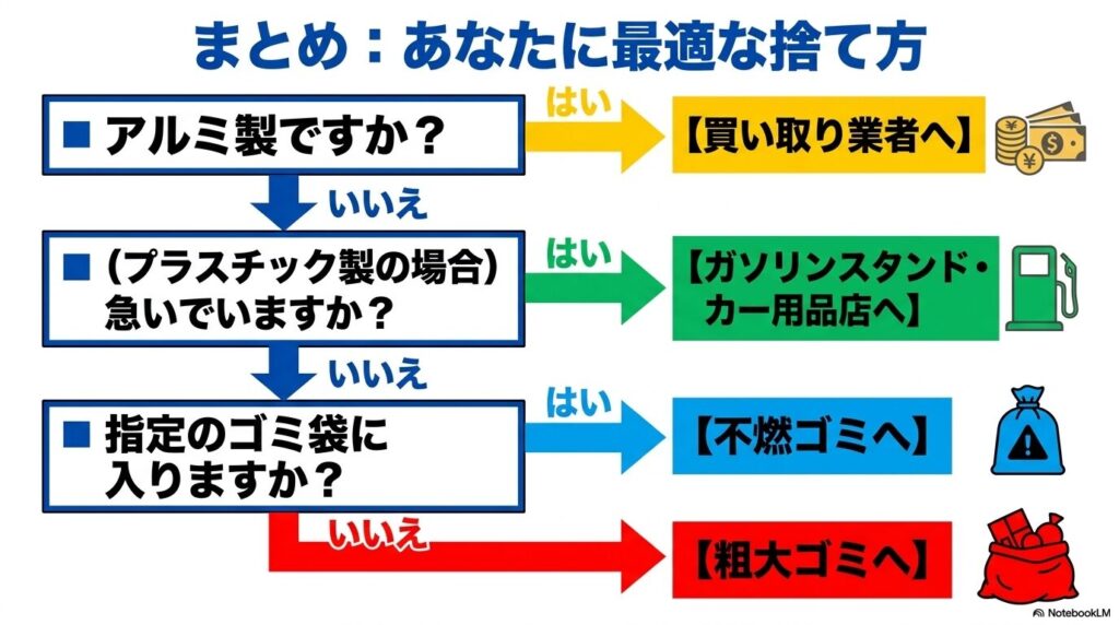 素材、緊急性、サイズの3つの質問で最適な捨て方を導き出すフローチャートのまとめ。