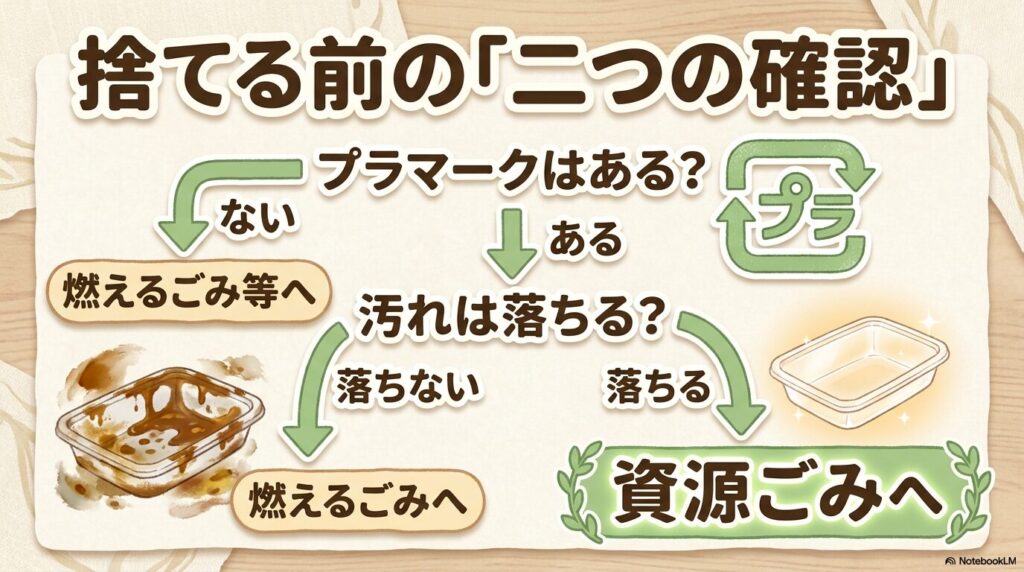 捨てる前にプラマークの有無と汚れが落ちるかを確認する手順をフローチャートで示しています。