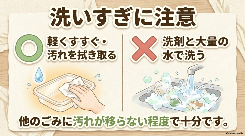 資源ごみとして出す容器の洗い方について、洗いすぎず軽く汚れを拭き取る程度に留めるコツを説明しています。