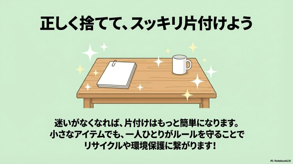 不用品を正しく捨てて綺麗に整理整頓されたデスクとマグカップ
