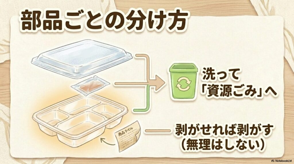 弁当箱のふた、ソースの小袋、容器本体の分別方法と、ラベルの扱いについての注意点をまとめています。
