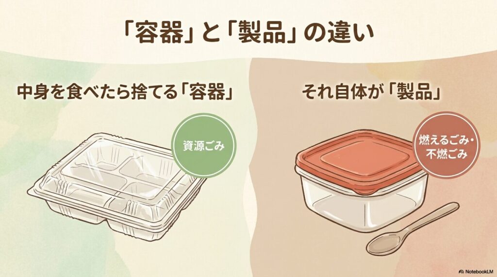 使い捨ての容器と繰り返し使うプラスチック製品での、ごみの分別の違いについて解説しています。