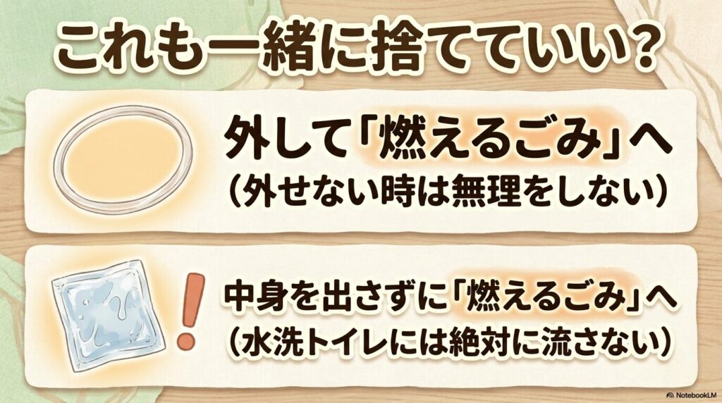ゴムパッキンや保冷剤といった、弁当箱に付随する小物の正しい捨て方と注意点を説明しています。