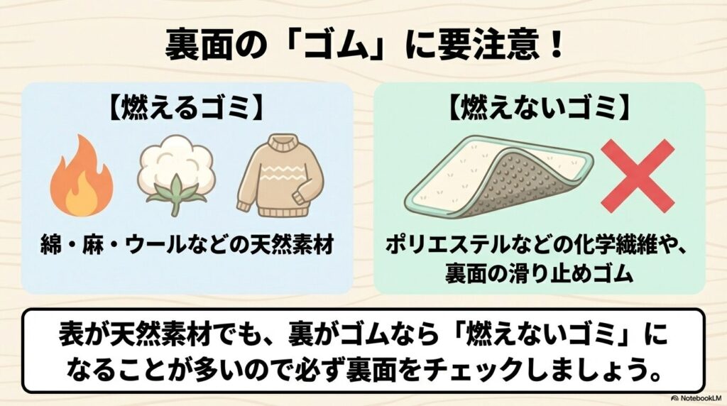 裏面の滑り止めゴムによる分別の違い 表面が天然素材でも裏面がゴムなら燃えないゴミになることが多いという注意点と素材別の分類表