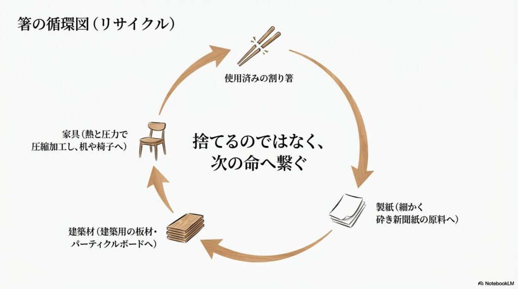 回収されたお箸が細かく砕かれ、新しい紙や建材へと生まれ変わる仕組みを説明するスライド