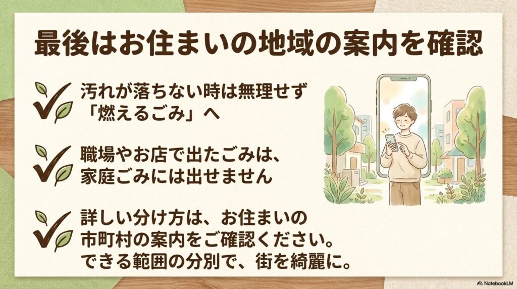 最終的には各自治体のルールを確認することや、事業系ごみの扱いについての注意を促しています。