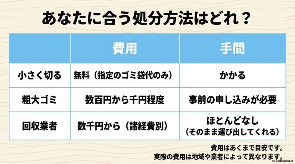 処分方法ごとの費用と手間の比較 小さく切る、粗大ゴミ、回収業者の3つの処分方法における費用と手間の目安を比較した表