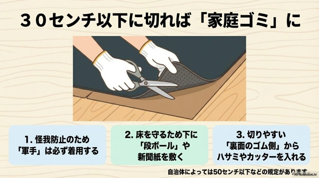 キッチンマットを安全にカットする手順 軍手を着用し、段ボールを敷いて、滑り止めゴムのある裏面からカットしているイラスト