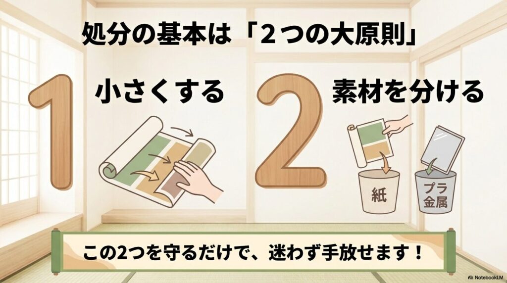 ポスター処分の2つの大原則として、「小さくする」と「素材を分ける」を紹介するスライドです。