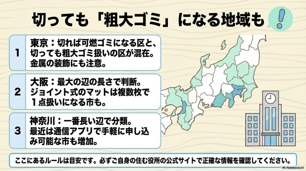 地域ごとの回収ルールの違いと注意点 東京、大阪、神奈川など自治体によって切っても粗大ゴミになる場合があることを示す地図とルールの解説画像