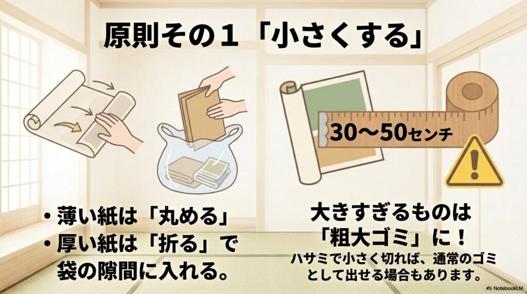 ポスターを小さくする方法として、丸める、折る、または切って通常ゴミにする手順を説明するスライドです。