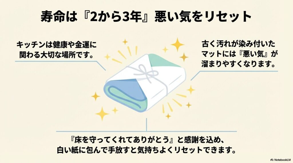 風水から見た処分のタイミングと感謝の手放し方 キッチンマットの寿命は2から3年であることや、感謝を込めて白い紙に包んで捨てる風水の習慣の紹介