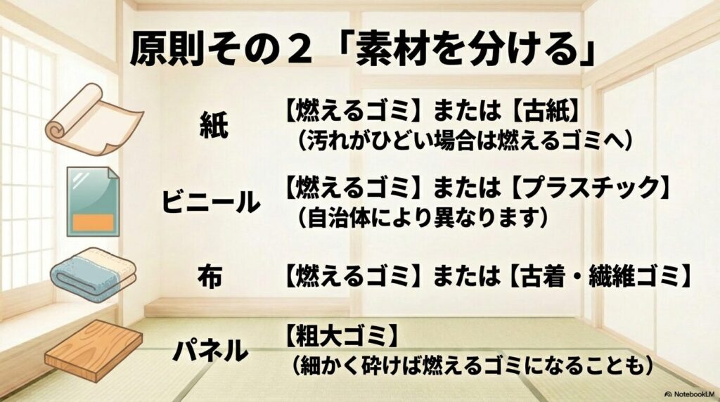 紙、ビニール、布、パネルといった素材ごとの具体的な分別方法を解説するスライドです。