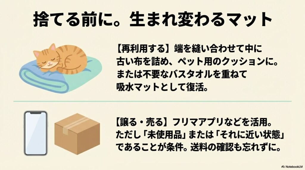 再利用と売却のアイデア ペット用クッションへの再利用や、未使用品をフリマアプリで売却する際の条件についての解説