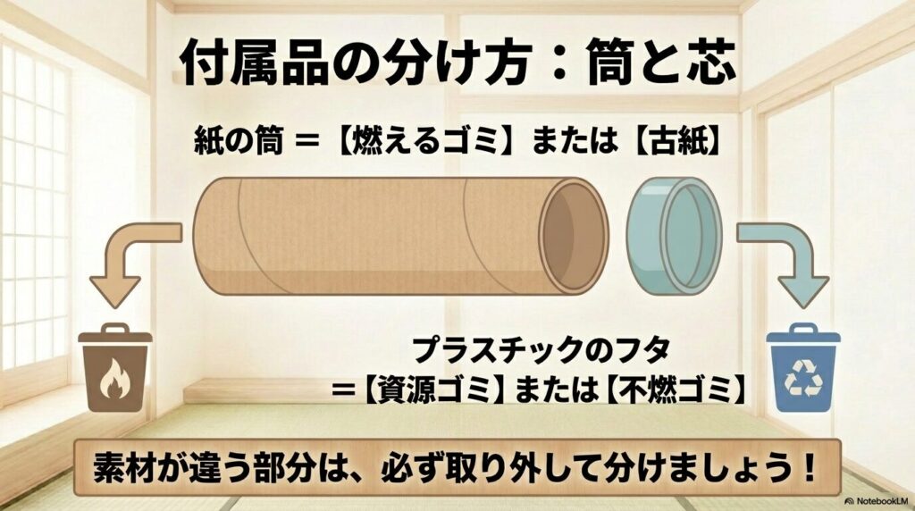 ポスターの筒とプラスチックの蓋を、素材ごとに正しく分別する方法を説明するスライドです。