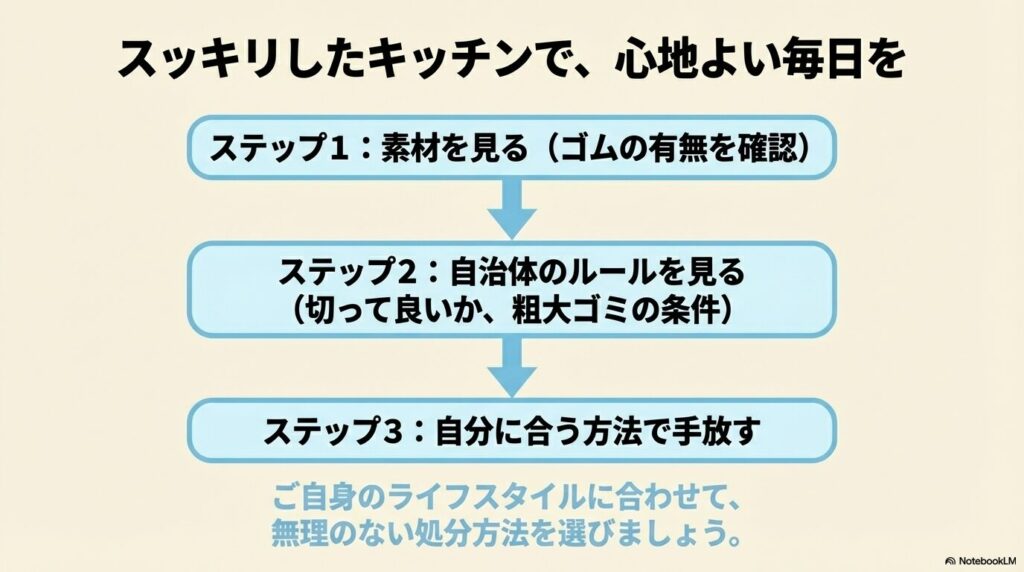 キッチンマットを処分する3ステップまとめ 素材を見る、自治体のルールを見る、自分に合う方法を選ぶ、という3つのステップをまとめた画像