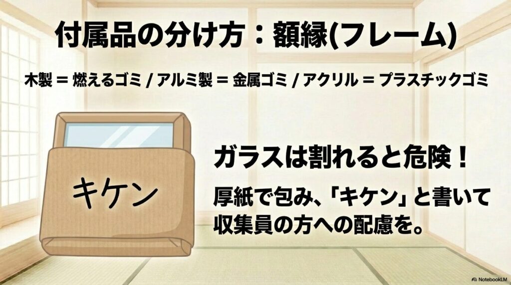 額縁の素材別分別と、ガラスを安全に処分するための梱包・表示方法を解説するスライドです。