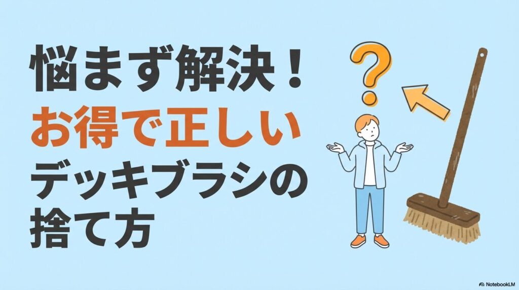 デッキブラシの捨て方に悩む人と、掃除用具のイラストが描かれた解説スライドの表紙