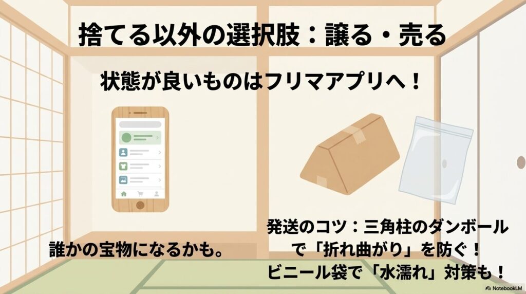 状態が良いポスターを売却・譲渡する方法と、発送時の梱包のコツを紹介するスライドです。