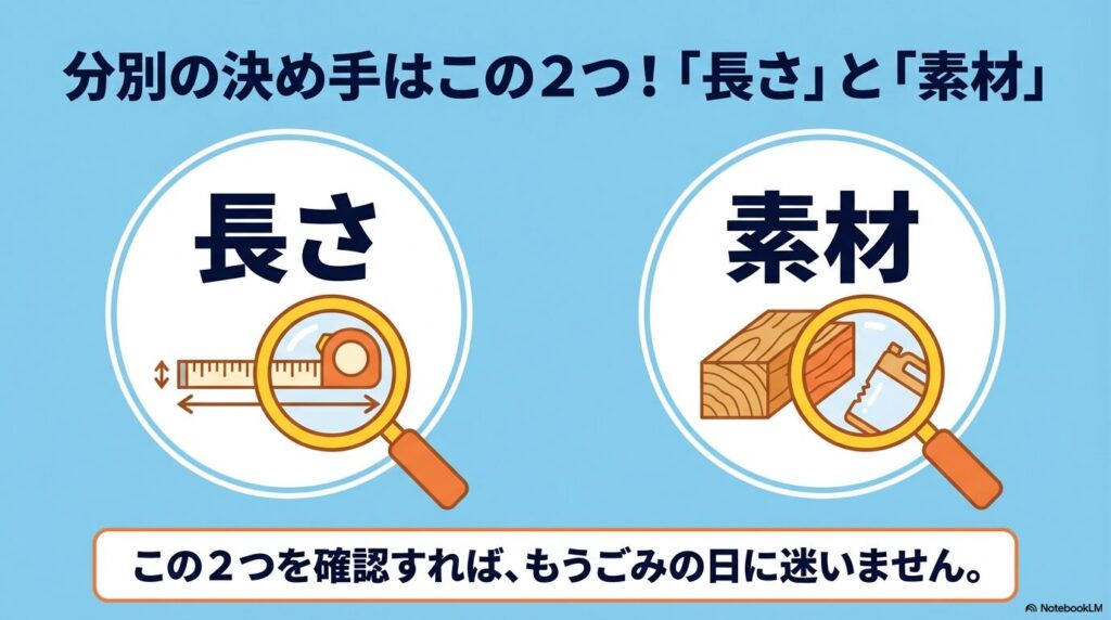 ごみ分別の決め手は「長さ」と「素材」の2つであることを強調した解説図