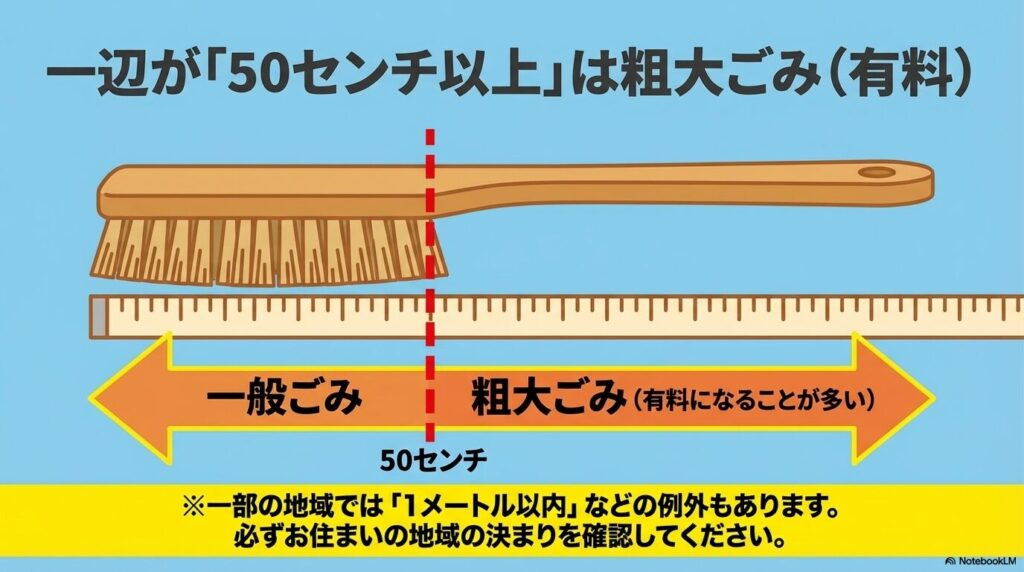 一辺が50センチ以上は粗大ごみ（有料）、未満は一般ごみとなる境界線を示したイラスト