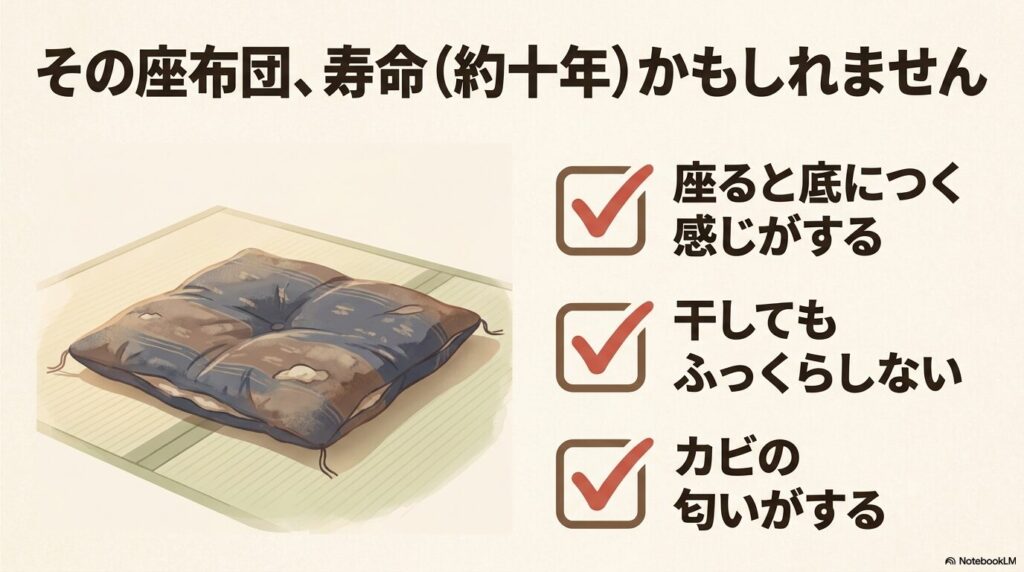 底付き感やカビの臭いなど、座布団の寿命（約10年）を判断するための3つのチェックポイント。