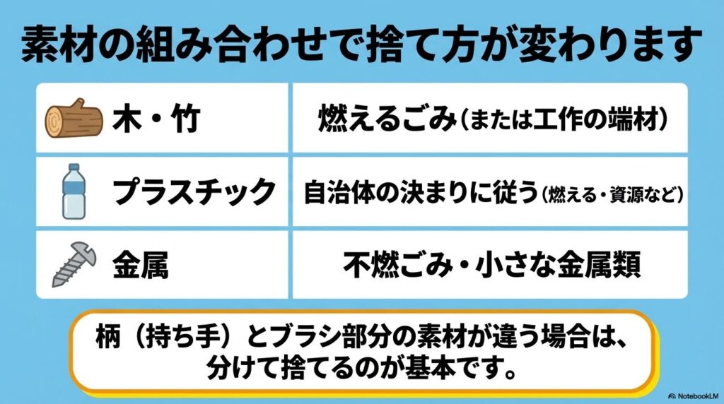 木・竹、プラスチック、金属それぞれの素材に応じたごみの出し方をまとめた比較表