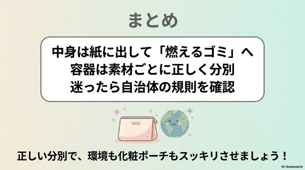 まとめとして、中身と容器の正しい分別方法や、迷った際の自治体規則の確認を促し、環境への配慮を呼びかけています。