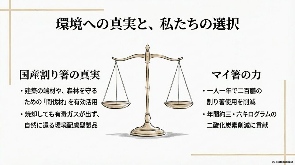 国産の割り箸が間伐材や端材を活用して作られており、森を健康に保つ役割があることを示すイラストスライド