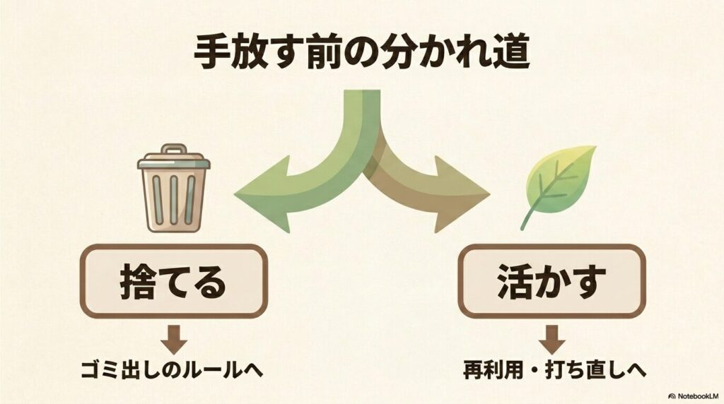 座布団を手放す際の選択肢として、「捨てる」か「活かす」かの2つの方向性を示した図。