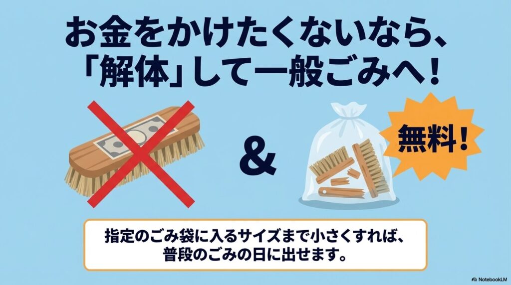 デッキブラシを解体して指定のごみ袋に入るサイズにすれば、無料で出せることを説明する図解。