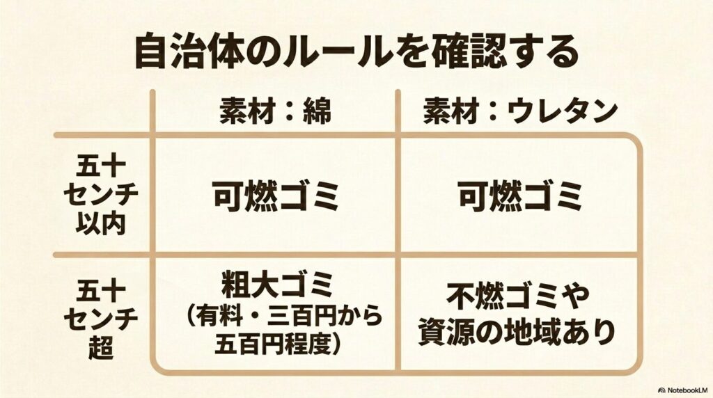 座布団の素材（綿・ウレタン）とサイズ（50cm以内・超）に基づいた、一般的なゴミ分別のルール表。