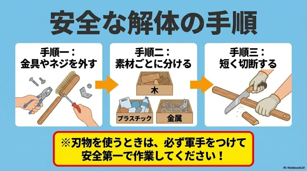 ネジを外す、素材を分ける、短く切断するという3つの手順と、軍手着用の注意を促すイラスト