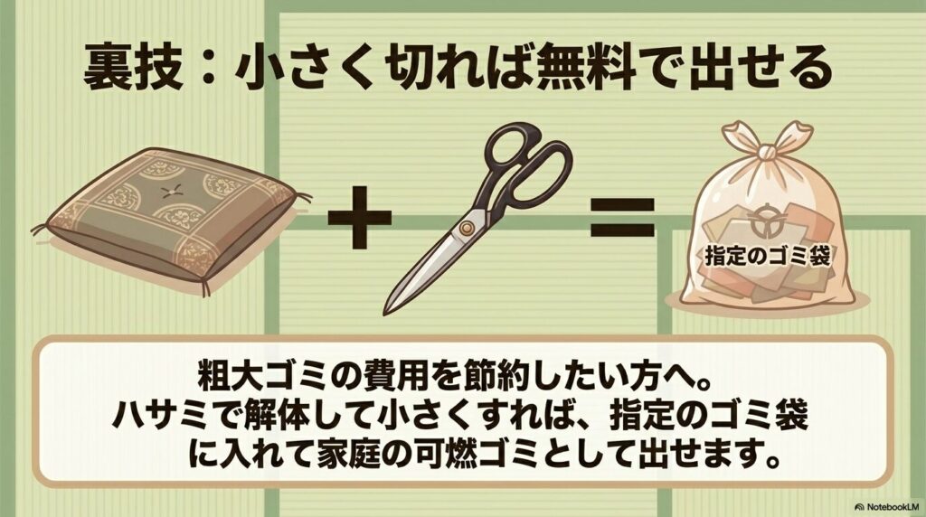 座布団をハサミで小さく切って指定のゴミ袋に入れることで、無料で可燃ゴミとして出す裏技の紹介。