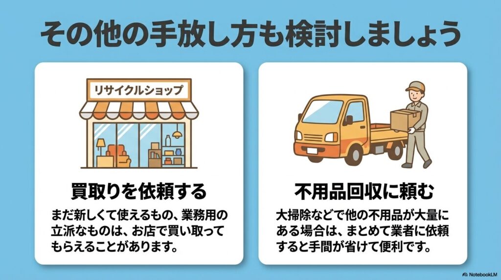 リサイクルショップでの買取依頼や、大量のごみがある場合の不用品回収業者の利用シーンを描いた図