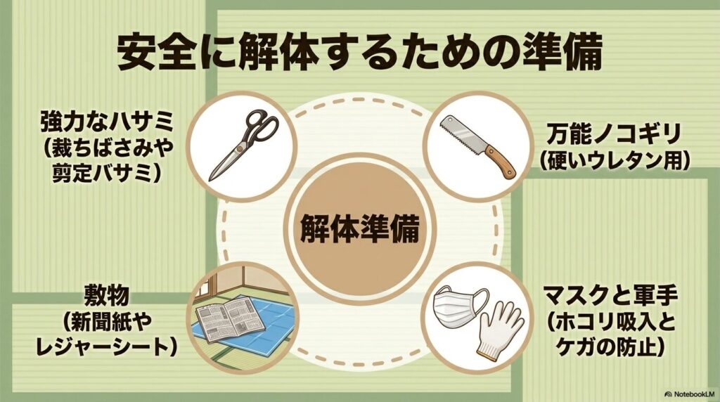 裁ちばさみ、ノコギリ、敷物、マスク、軍手など、座布団を安全に解体するために必要な道具のリスト。