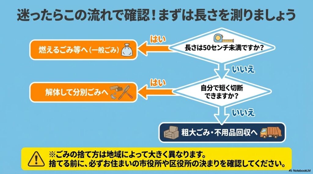 長さの計測から解体の可否まで、順を追って最適な捨て方を確認できるフローチャート