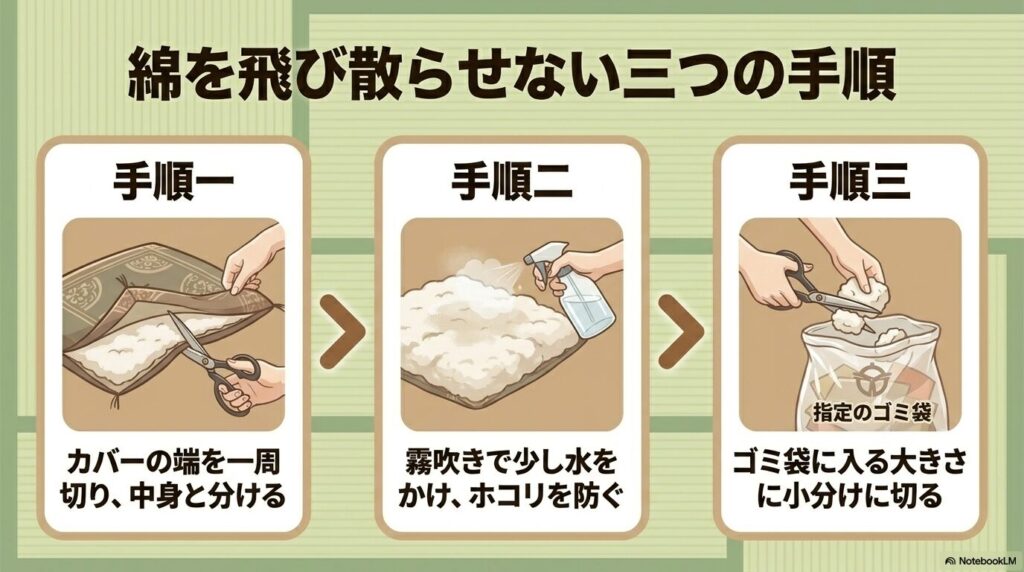 綿を飛び散らせないための3つの解体手順（カバーを外す、霧吹きする、小分けに切る）の解説。