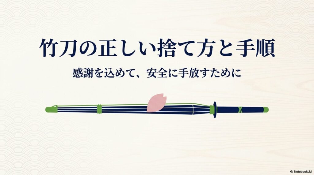 竹刀の正しい捨て方と手順の表紙 竹刀の正しい捨て方と手順について解説する、感謝を込めて安全に手放すためのガイド表紙