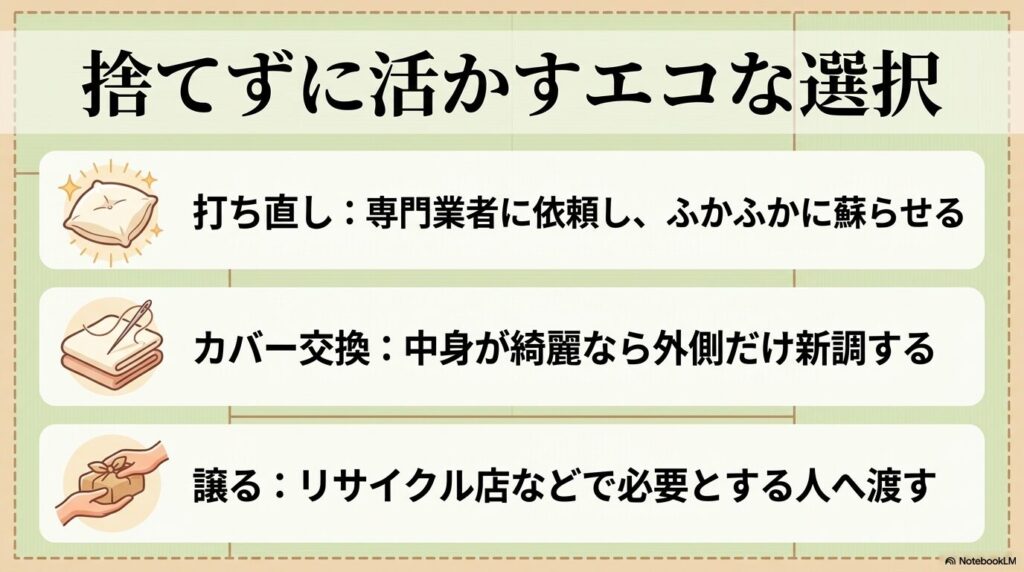 打ち直し、カバー交換、譲渡など、座布団を捨てずに再利用するためのエコな3つの選択肢。