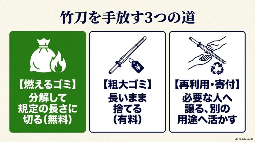 竹刀を処分する3つの方法 竹刀を処分する方法として、燃えるゴミ、粗大ゴミ、再利用・寄付の3つの選択肢を説明する図解