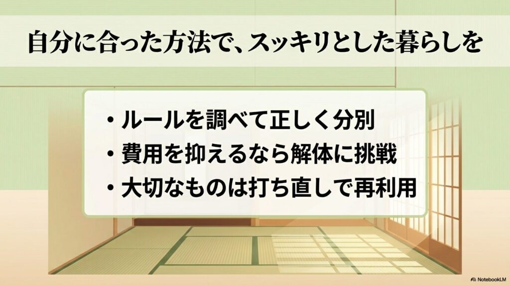 正しい分別、解体、または再利用を通じて、自分に合った方法で暮らしを整えるためのまとめ。