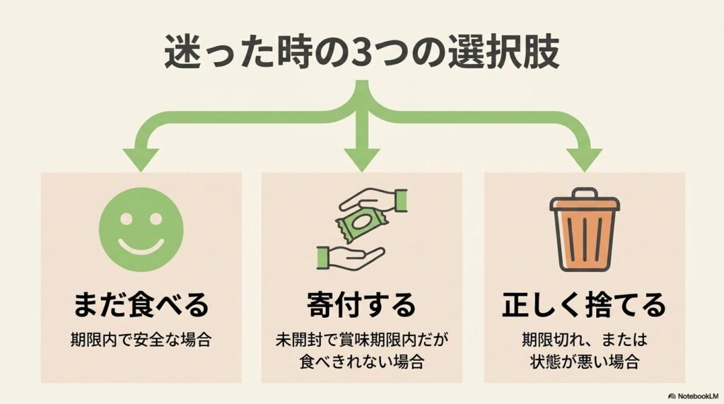状態や期限に応じて、食べる、寄付する、正しく捨てるという3つの選択肢を提案するスライドです。