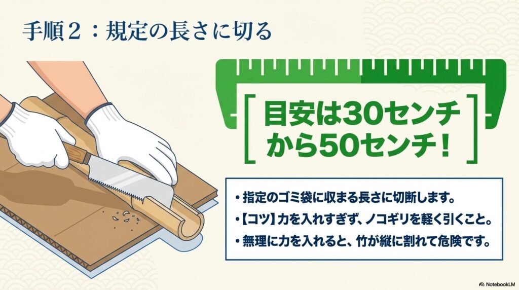 竹をノコギリで切断する方法 竹を30センチから50センチの長さにノコギリで切る様子と、力を入れすぎないコツの解説