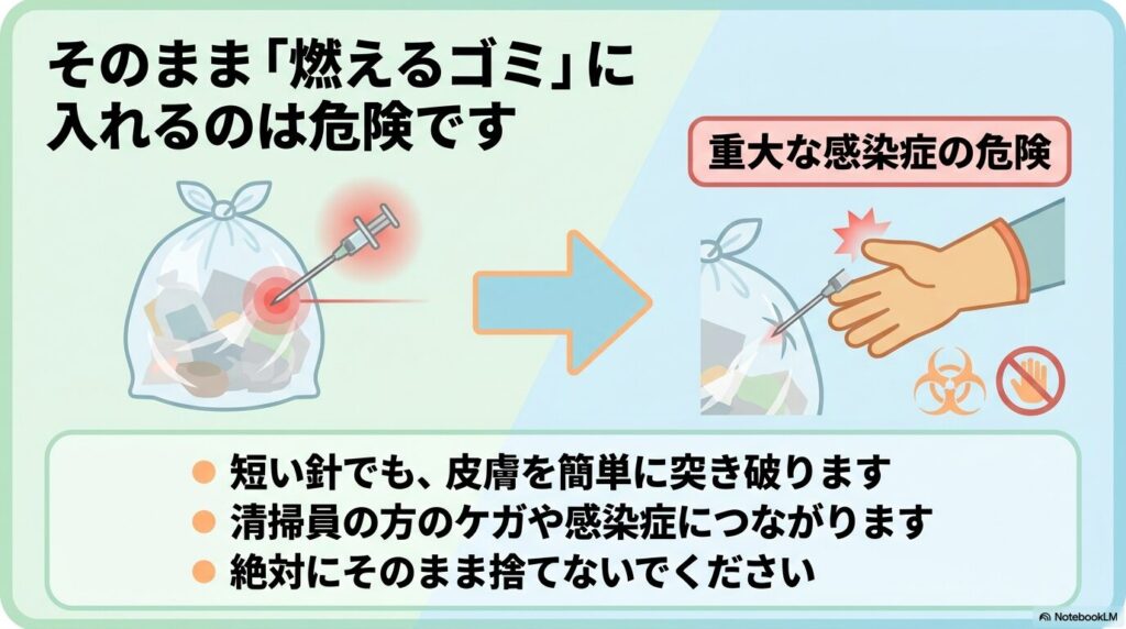 医療針をそのまま燃えるゴミに出す危険性と、清掃員の負傷や感染症のリスクについて説明しています。