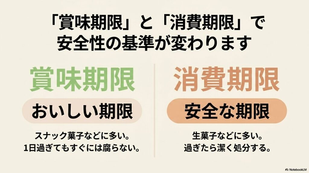 おいしさの目安である「賞味期限」と、安全性の目安である「消費期限」の違いを解説するスライドです。