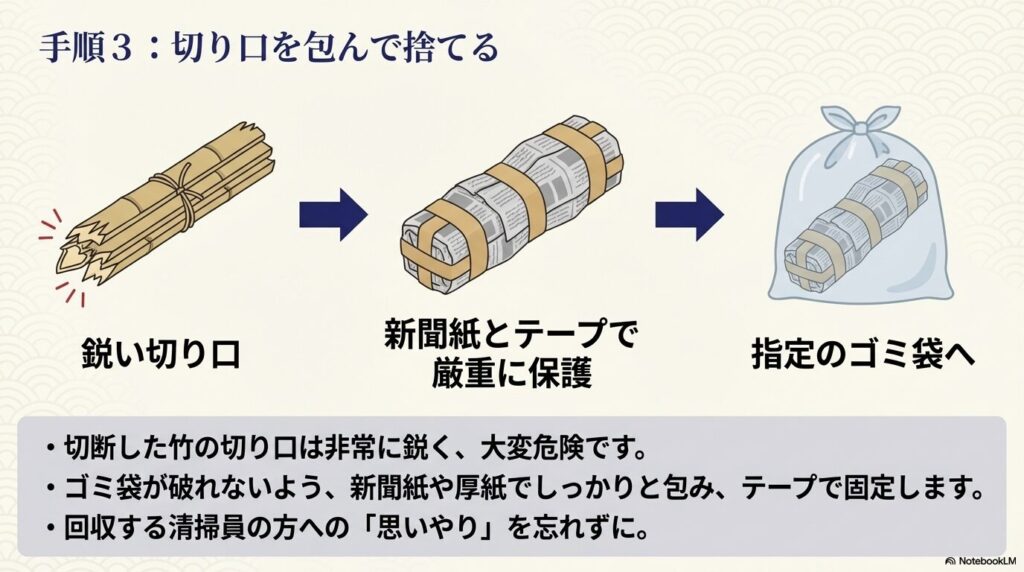 竹の切り口を安全に保護する方法 鋭い竹の切り口を新聞紙とテープで厳重に包み、ゴミ袋に入れて安全に捨てるための手順