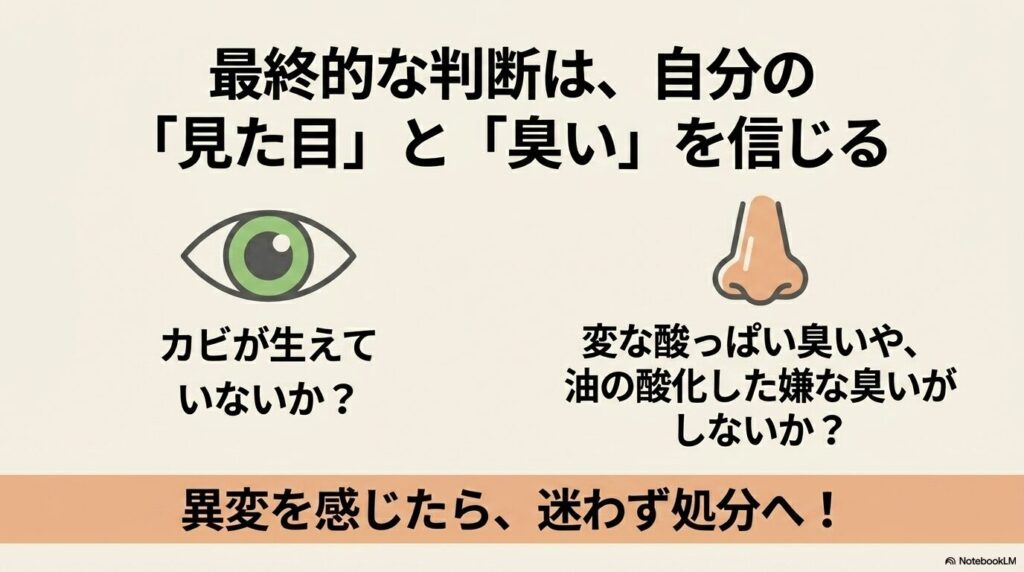 期限の数字だけでなく、カビなどの見た目や酸っぱい臭いなどの感覚で最終判断することを促すスライドです。